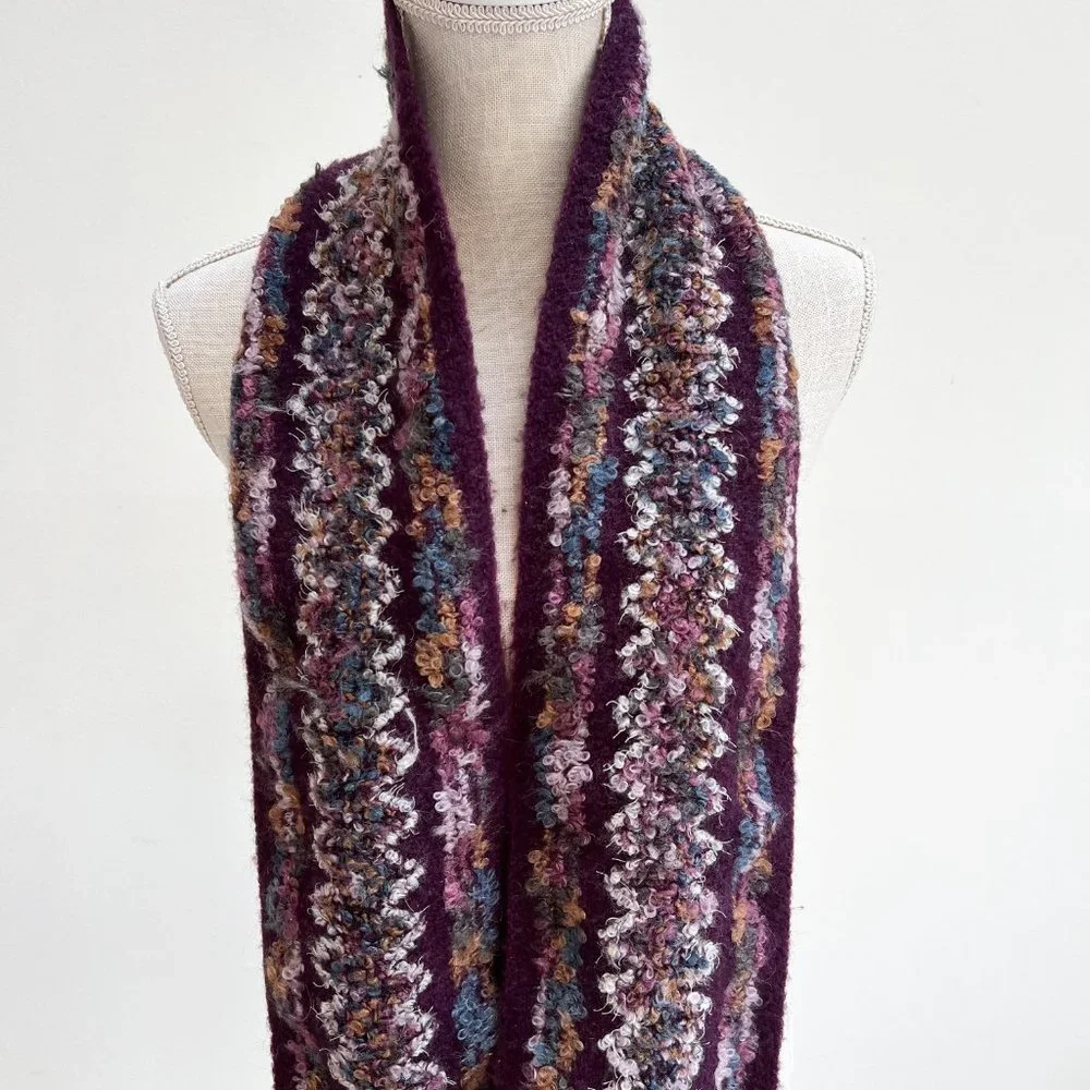 Wool Blend Purple Multi-Color Scarf with Fringe Detail
